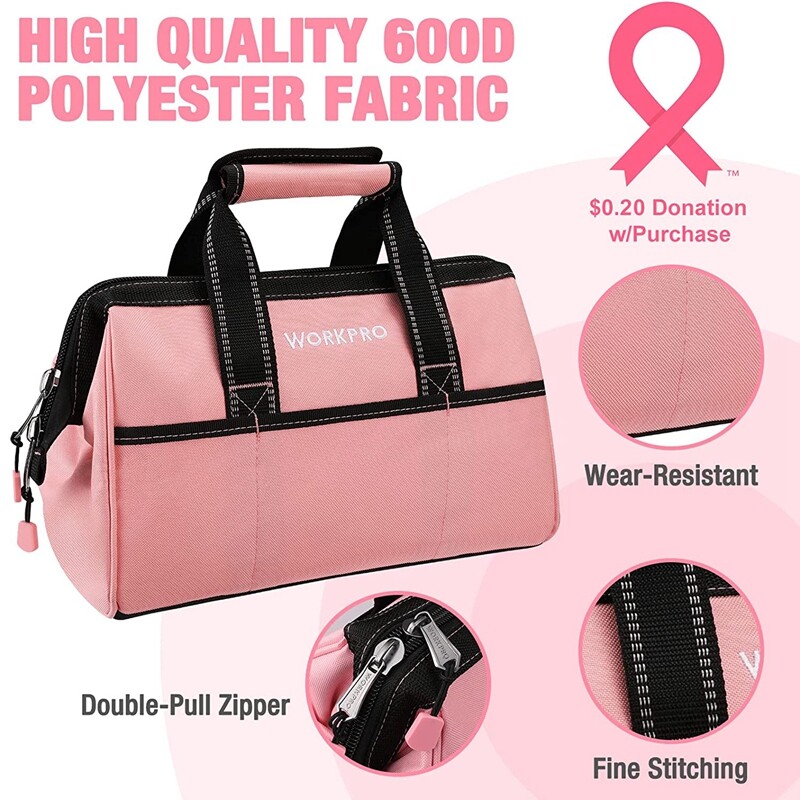 WORKPRO 13″ Tool Bag Pink Soft Cloth Tool Storage Bags Wide Mouth Tool Tote Bag