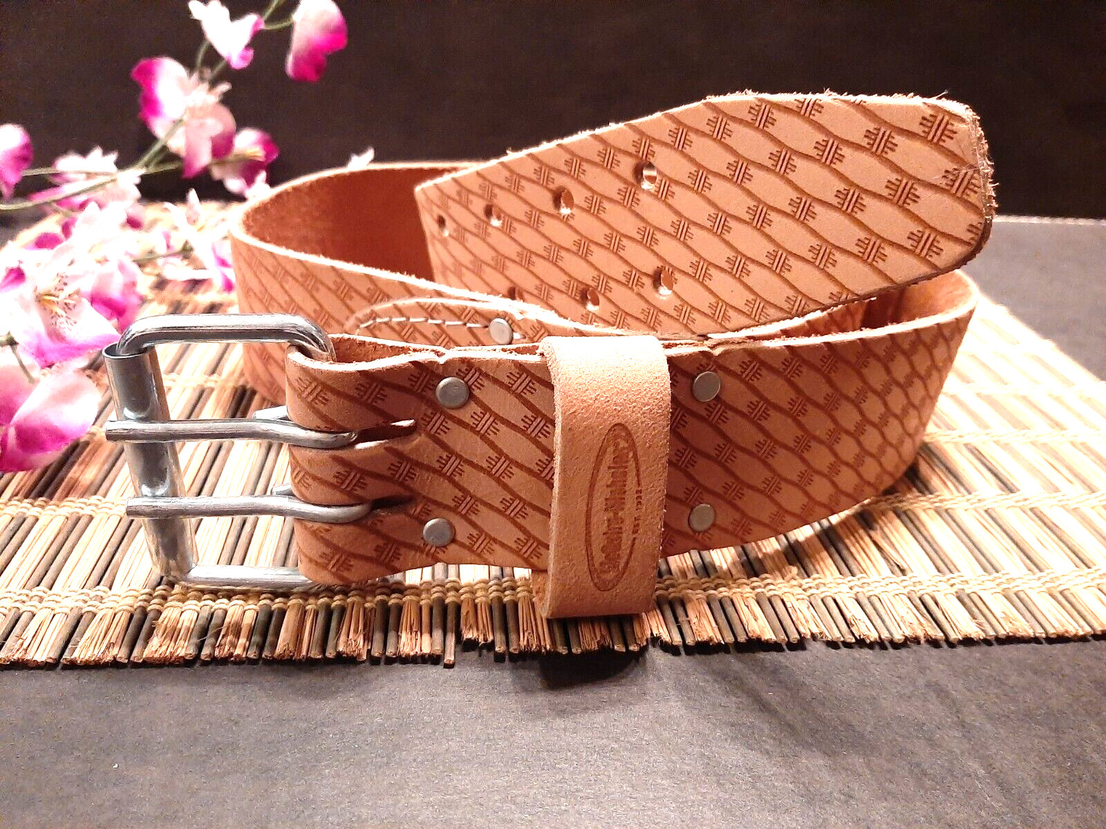 2″ Roller Buckle Saddle Leather Tool Belt, Natural , 51″ Long ( L)