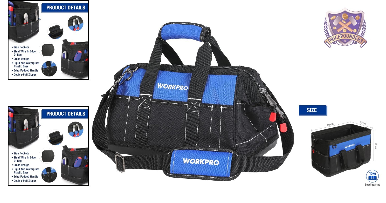 16-inch Wide Mouth Waterproof Tool Bag with Molded Base for Organizing Tools