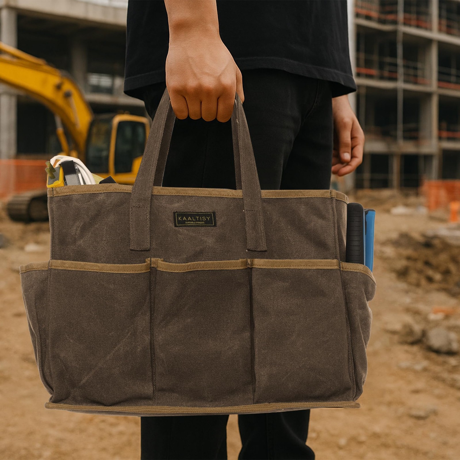 16OZ Waxed Canvas Tool Tote Bag for Garden Tools 14 x 5.5 x 10.5 inches, Grey