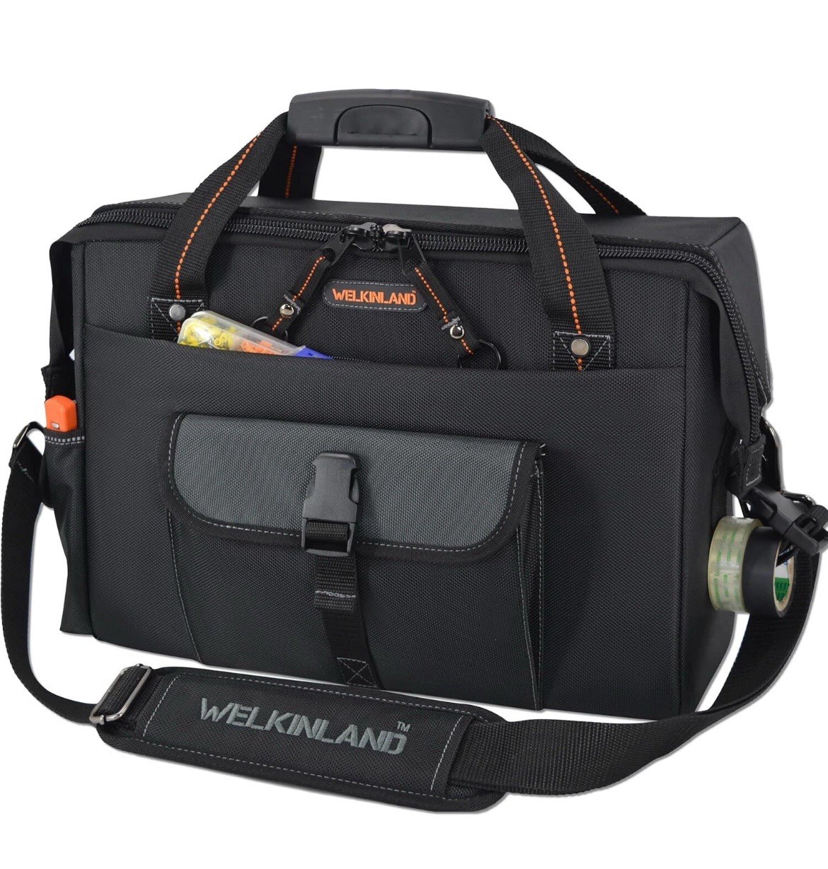 WELKINLAND 15-Pockets Electrician Tool Box Bag, Large – Open Black Orange