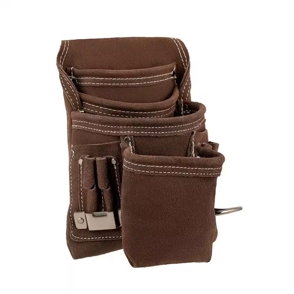 10 Pocket Suede Leather Work Tool Belt Pouch with Steel Hammer Loop and Tape Mea