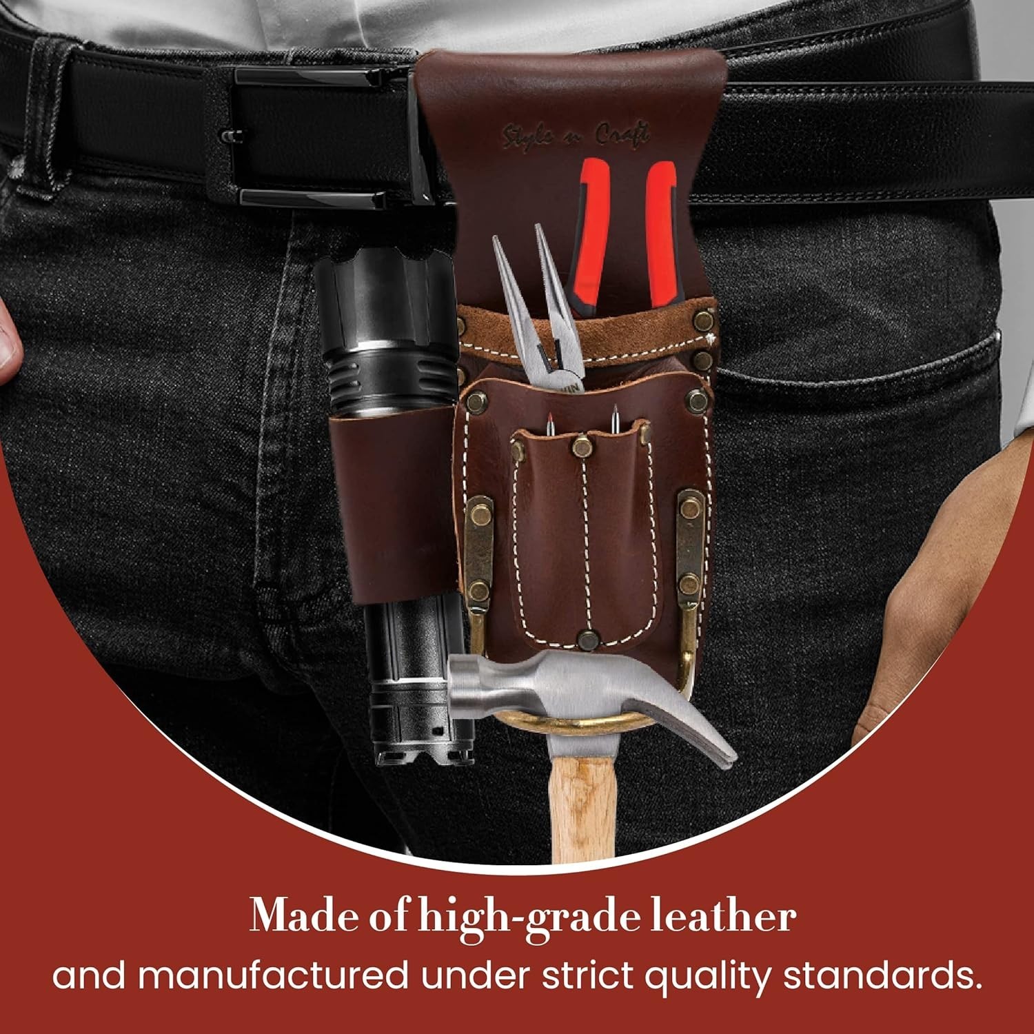 Versatile 5-Pocket Tool Holder for Pliers and Hammers, Easy Belt Attachment