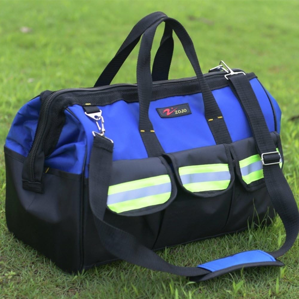 Blue Reflective Tool Bags For Men 16 inch Wide Mouth 18 tool pockets
