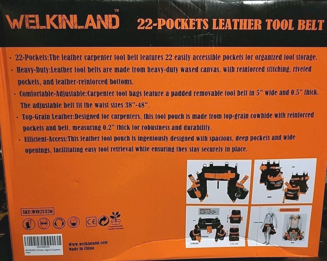 WELKINLAND 22-Pocket Buffalo Leather Heavy Duty Carpenter Tool Belt Bags NEW
