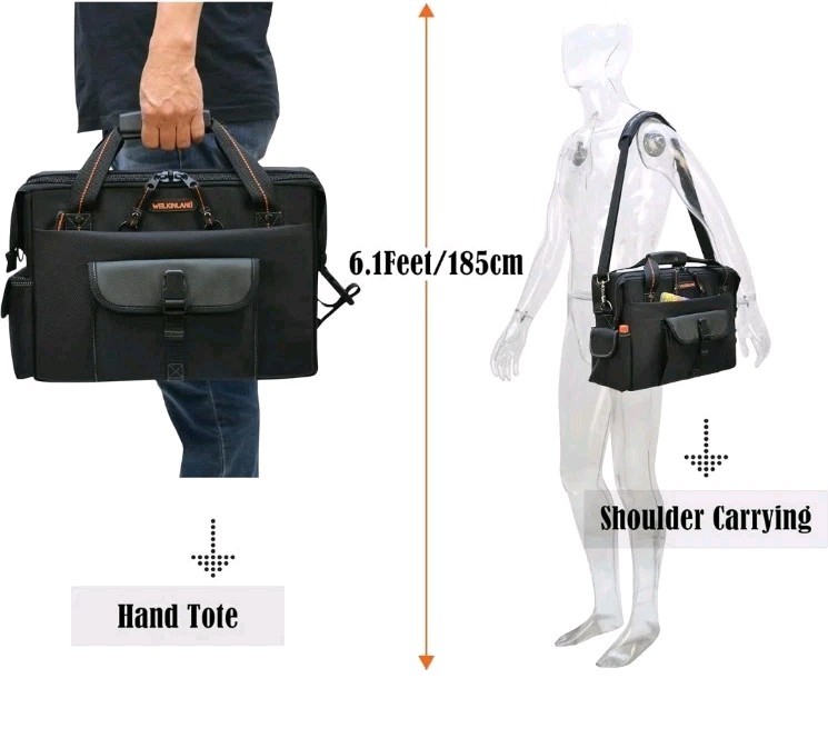 ✅ WELKINLAND 15-Pockets Electrician Tool Box Bag, Large – Open Black Orange ✅
