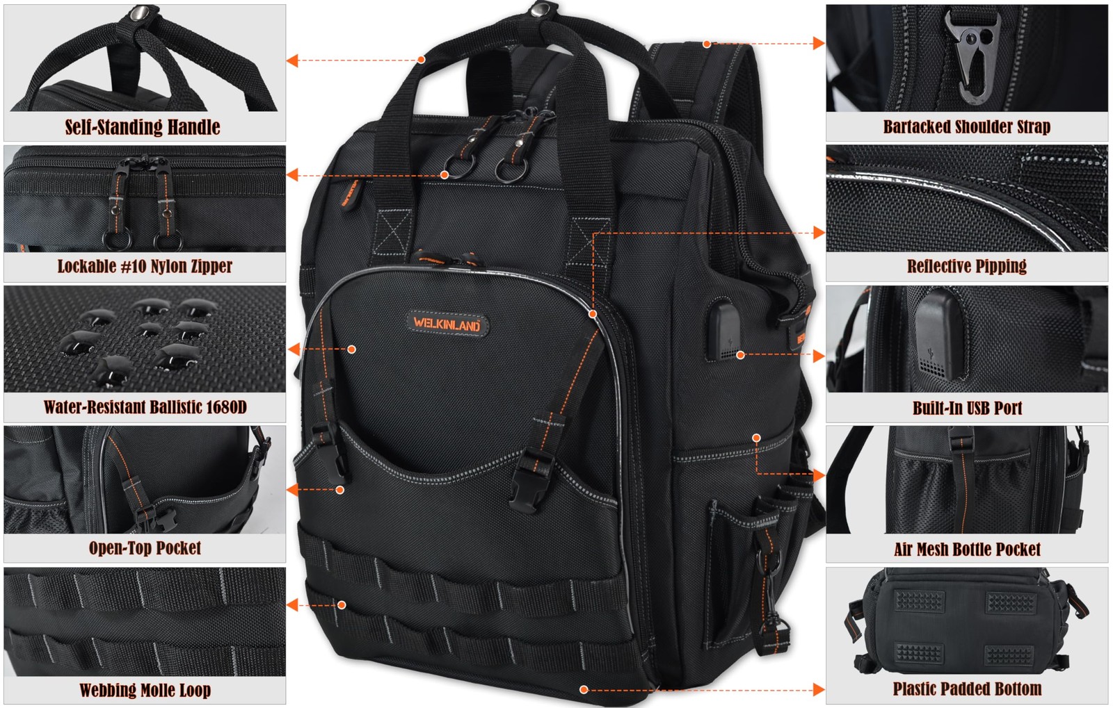 WELKINLAND 55-Pockets Tool backpack, bag Backpack Black/Orange