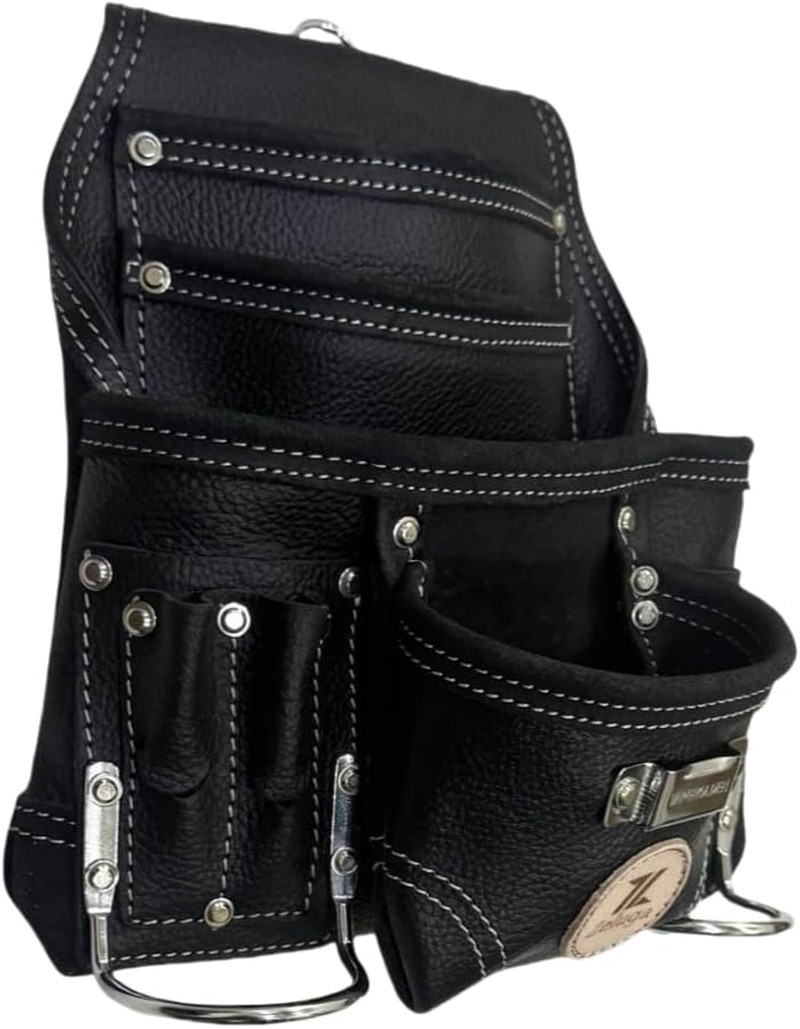 20-526 10 Pocket Rigger Heavy Duty Leather Tool Bag, Textured Black
