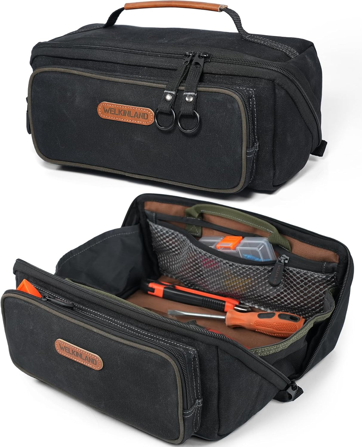 WELKINLAND 13-Inch Waxed Canvas Layflat Tool Pouch Organizer with 5 Pockets