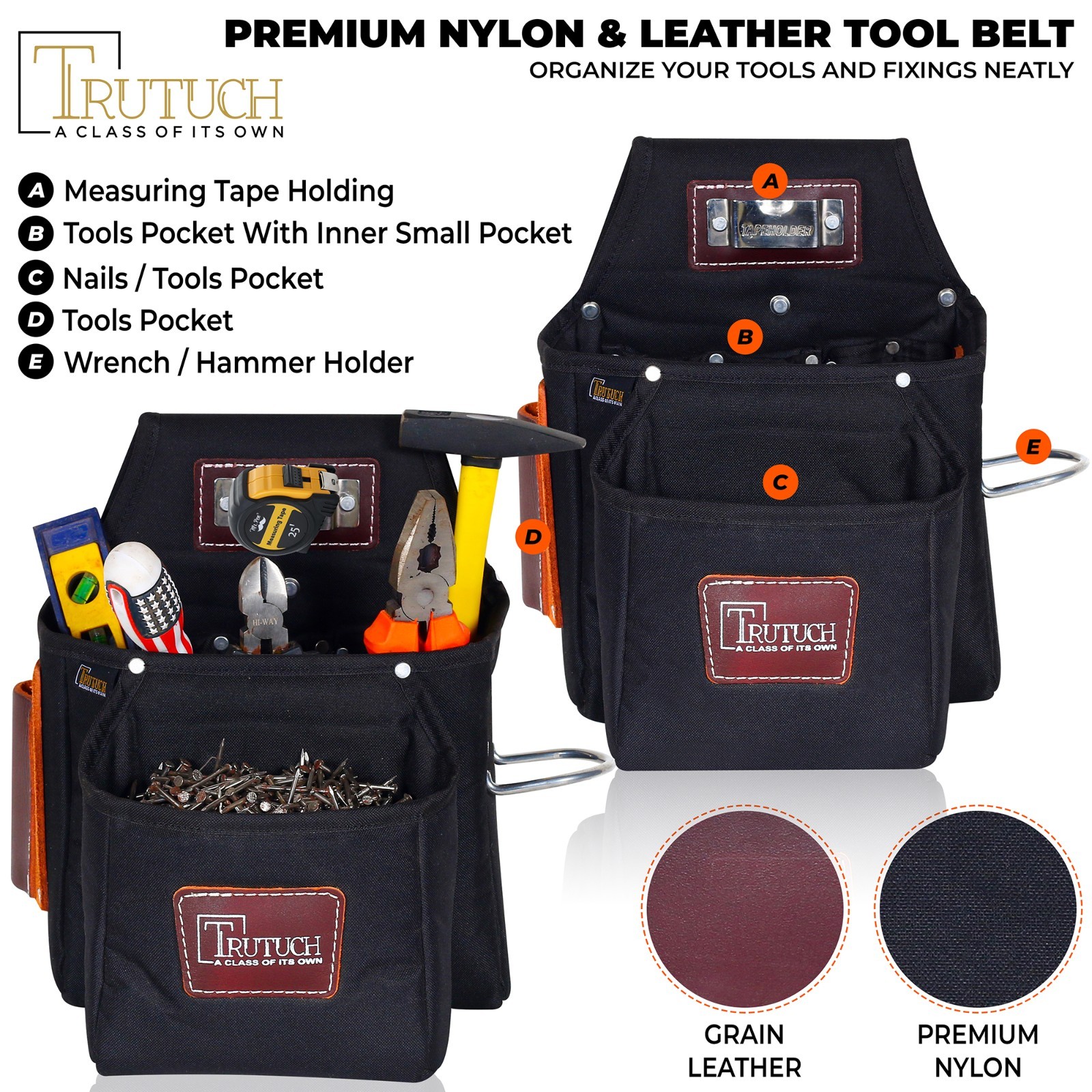 TRUTUCH Nylon and Leather Tool Belt | Framing Tool Bags | Nylon Tool Pouch