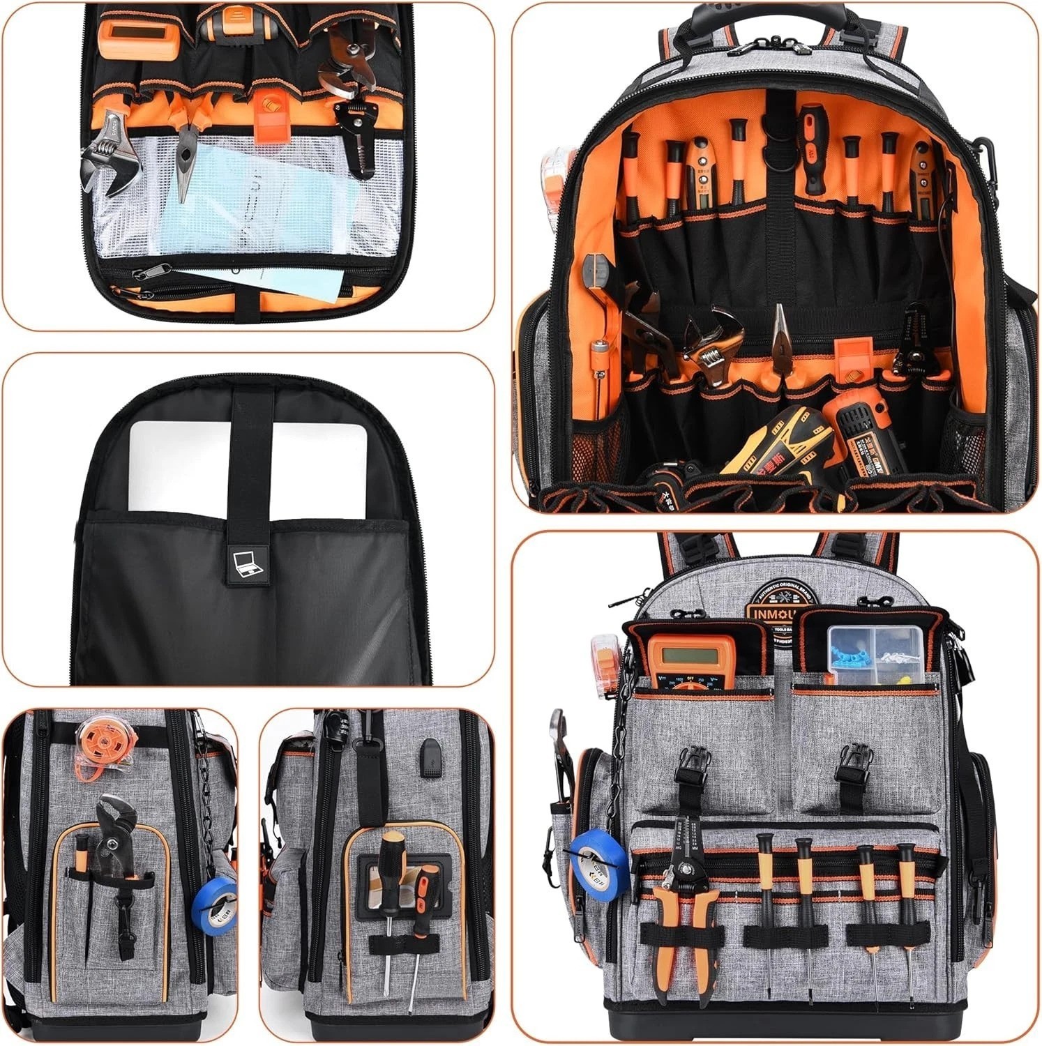 Professional Tool Backpack: Gray, 1680D Ballistic, Laptop Compartment