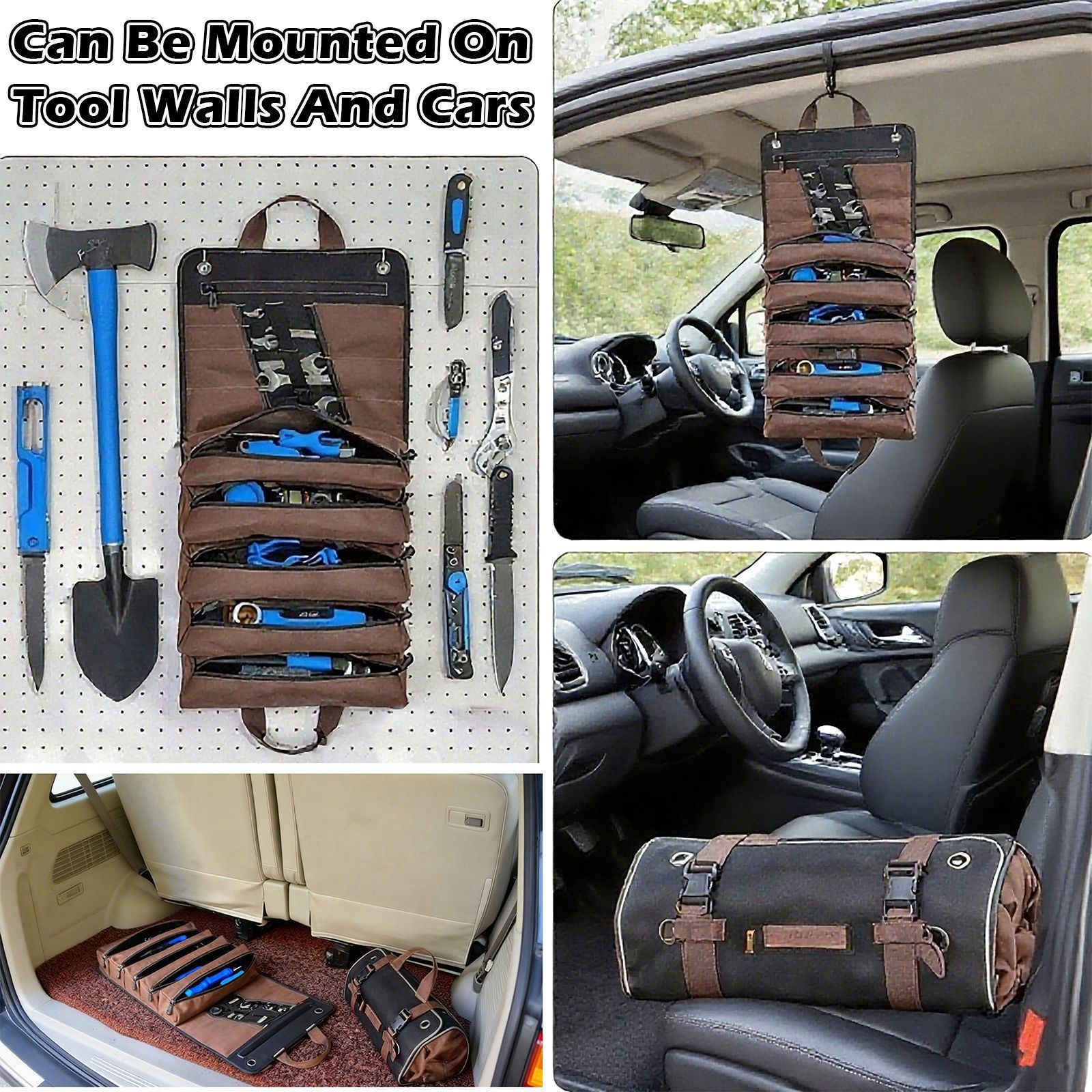 Heavy-Duty Waxed Canvas Tool Organizer Bag 15-Pockets Tool Up Roll Bags Brown
