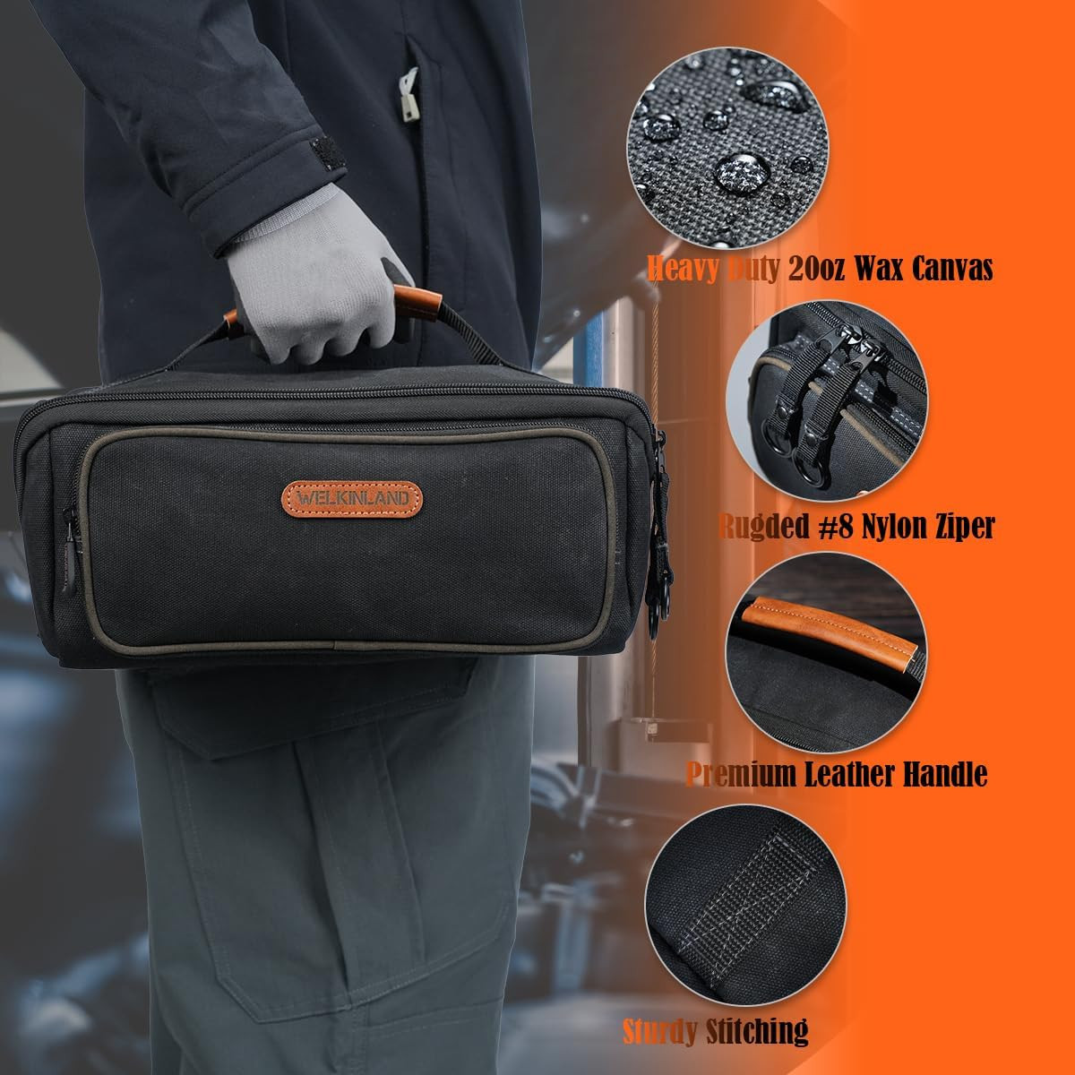 WELKINLAND 13-Inch Waxed Canvas Layflat Tool Pouch Organizer with 5 Pockets