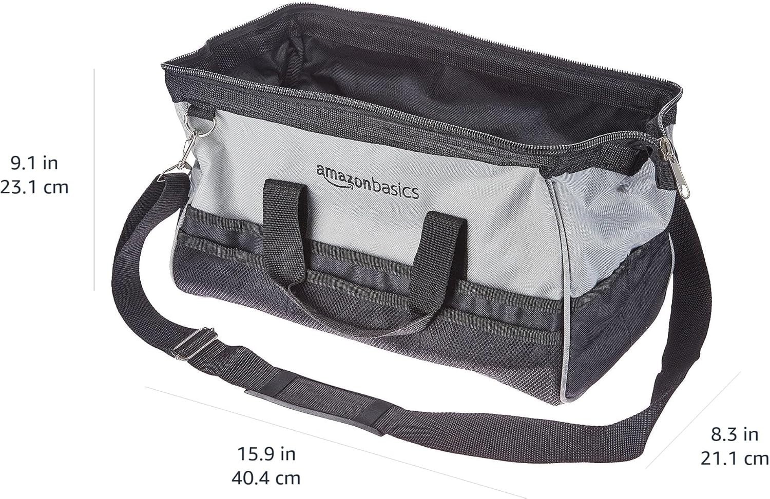 Durable 16-Inch Tool Bag with 26 Compartments & Adjustable Strap in Black/Grey