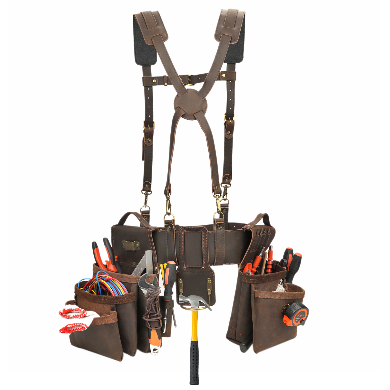 TOURBON Leather Tool Pocket Framer Rig Belt/Pouch/Bag Carpenter Suspenders Combo