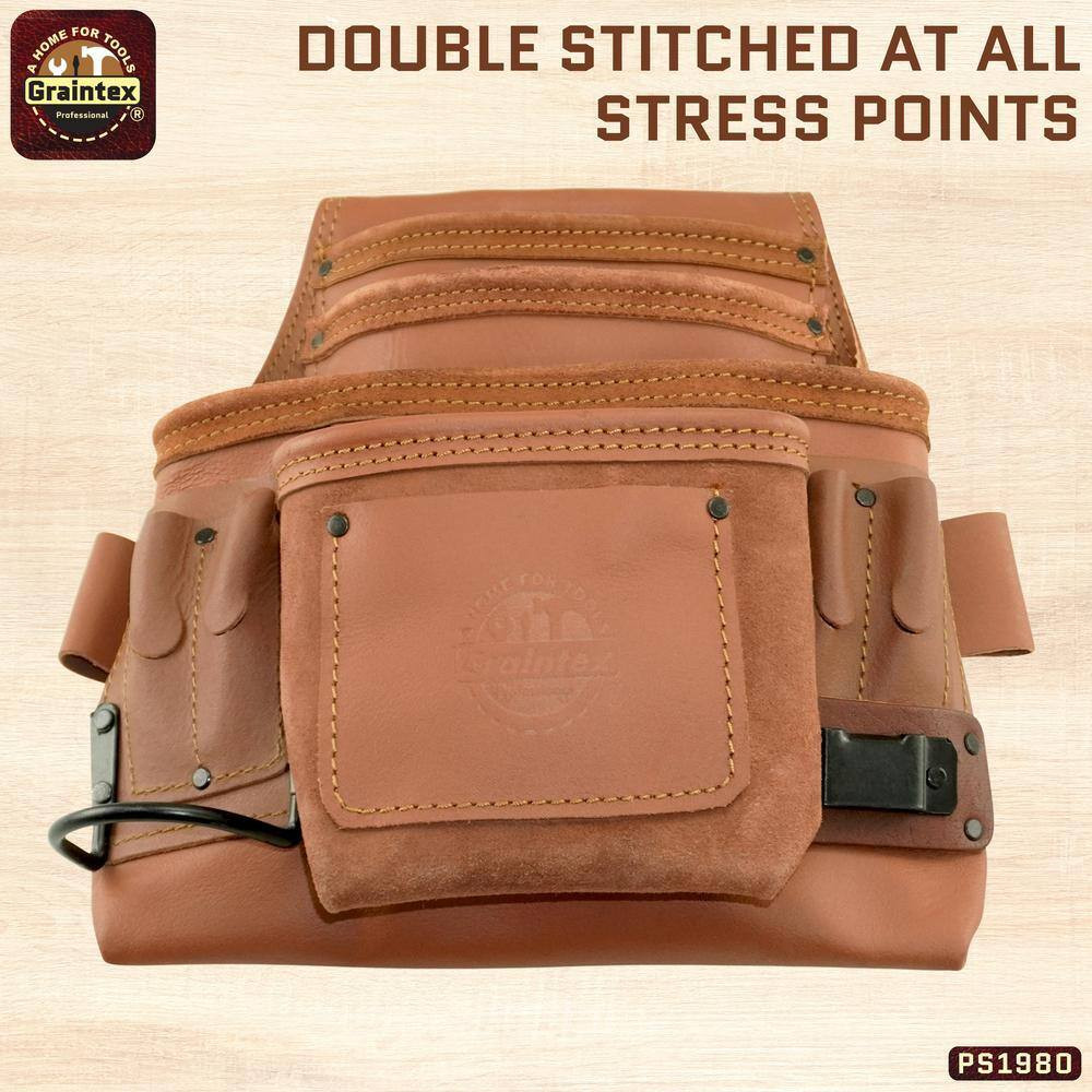 10-Pocket Nail and Tool Pouch Tan Color Industrial Grade Leather
