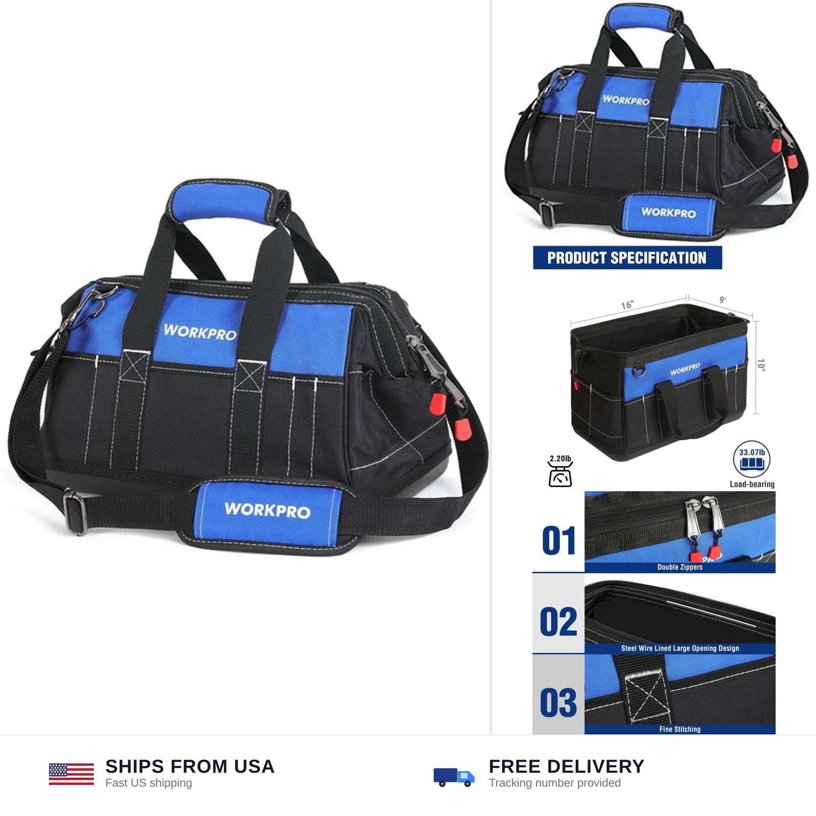 WORKPRO 16-inch Wide Mouth Tool Bag with Water Proof Molded Base