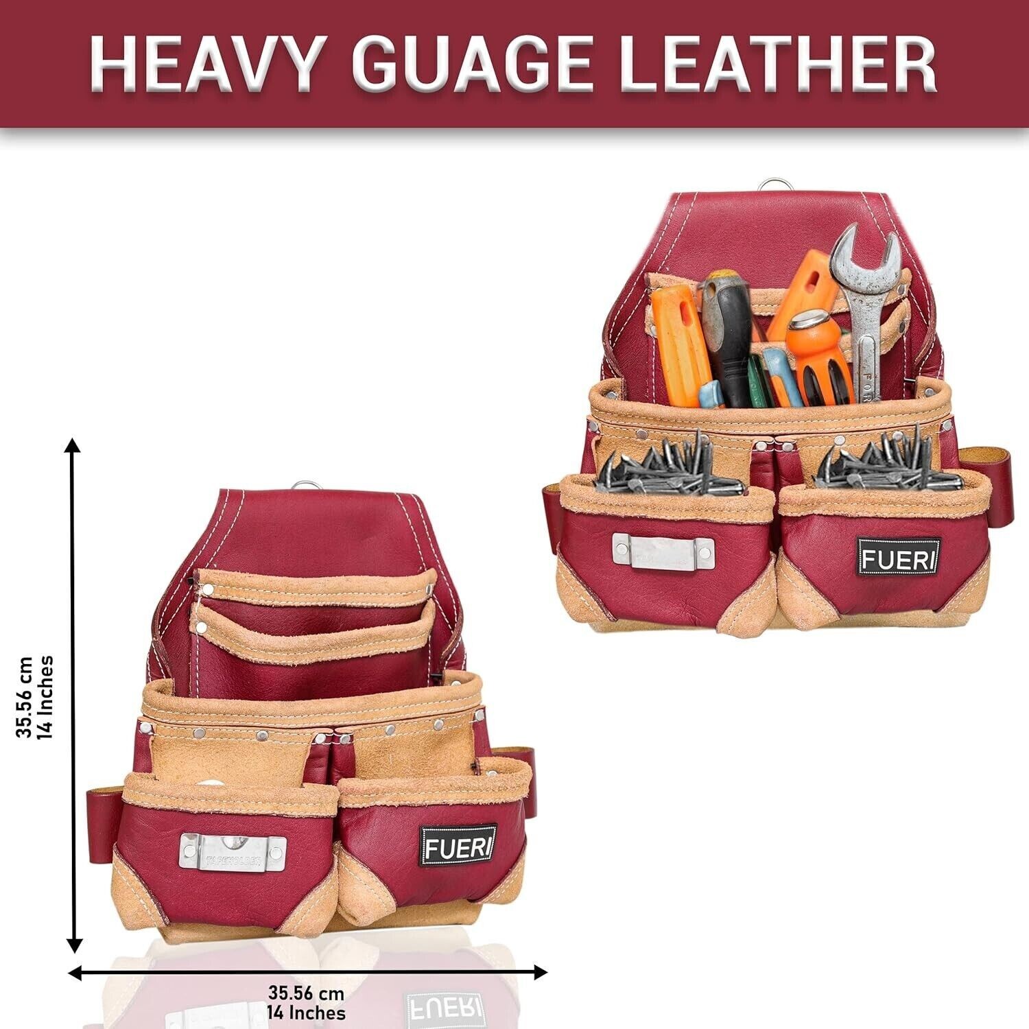 16 Pocket Tool Belt 100% Grain Leather Maroon Electricians Carpenter Tool Belt