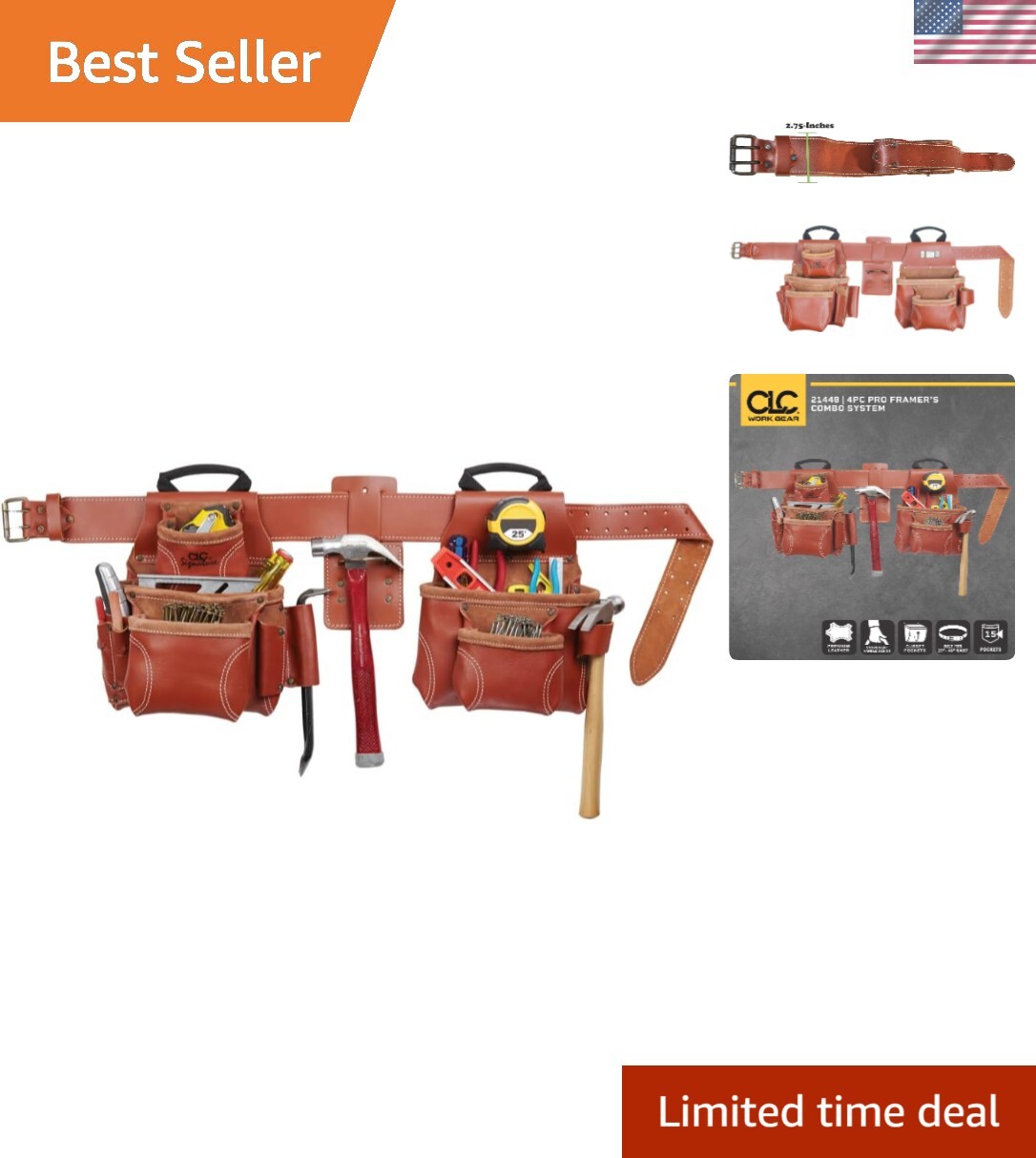 Framer’s Leather Tool Belt – 15 Pocket System, 29-46″ Adjustable