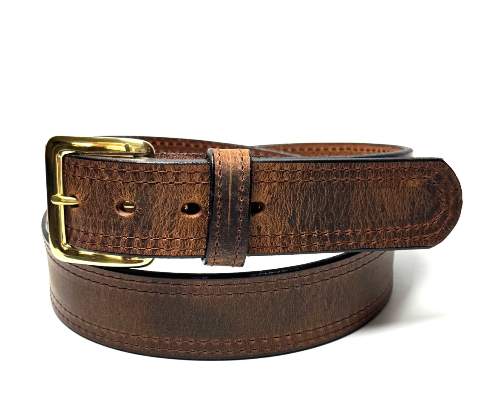 Water Buffalo Double Stitch Crazy Horse Belt – Brown Stitching – Amish Made