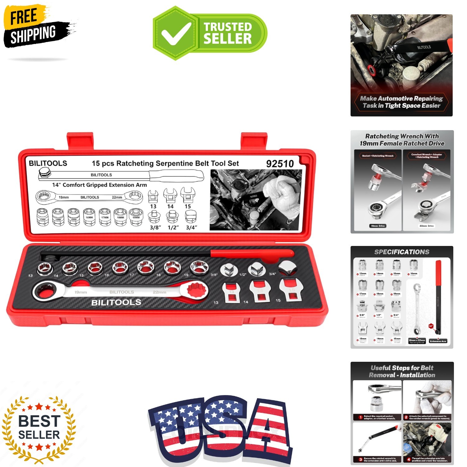 15-Piece Universal Serpentine Belt Tool Set, Ratcheting Serpentine Belt Tensi…