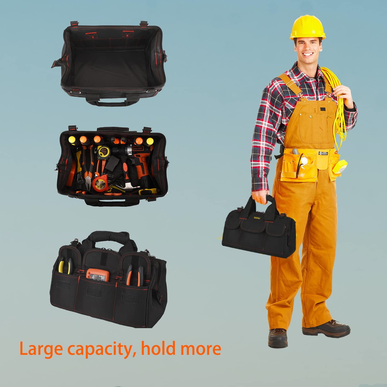 20 Inch Heavy Duty Tool Bag Wide Mouth Storage Carrier Organizer Pockets Tote