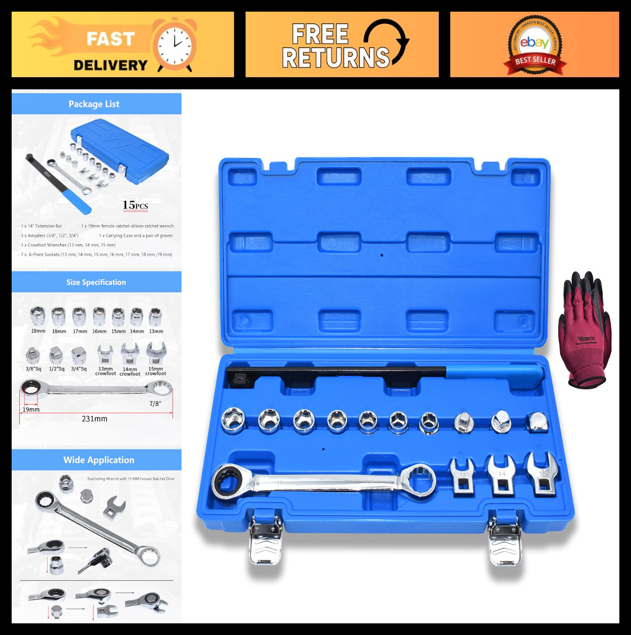 15pcs Universal Serpentine Belt Tool Set – Ratcheting Wrench, Crowfoot & Socket