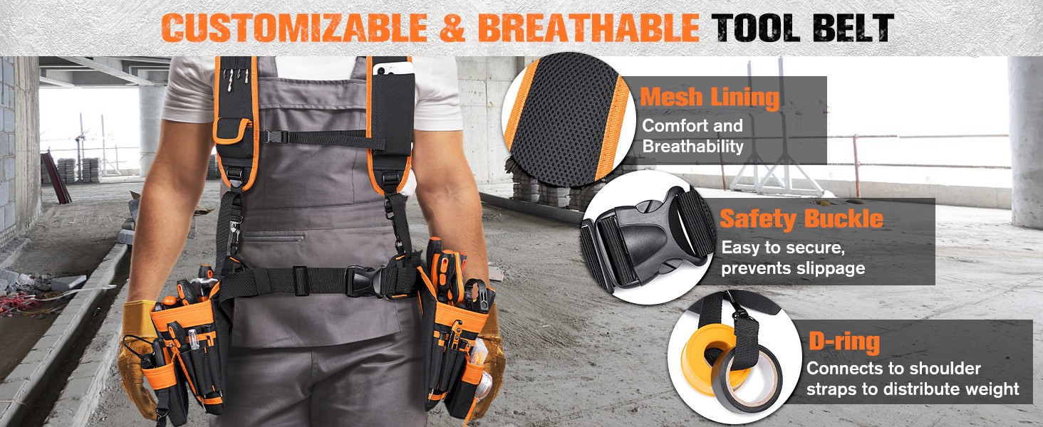 Auropeak 33-Pocket Modular Tool Belt w/ Suspenders (33″-48″ Waist)