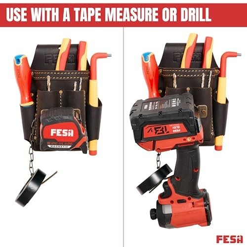 Small Leather Electrician Tool Pouch 7-in-1 with Tape Measure Clip & 5 Pockets