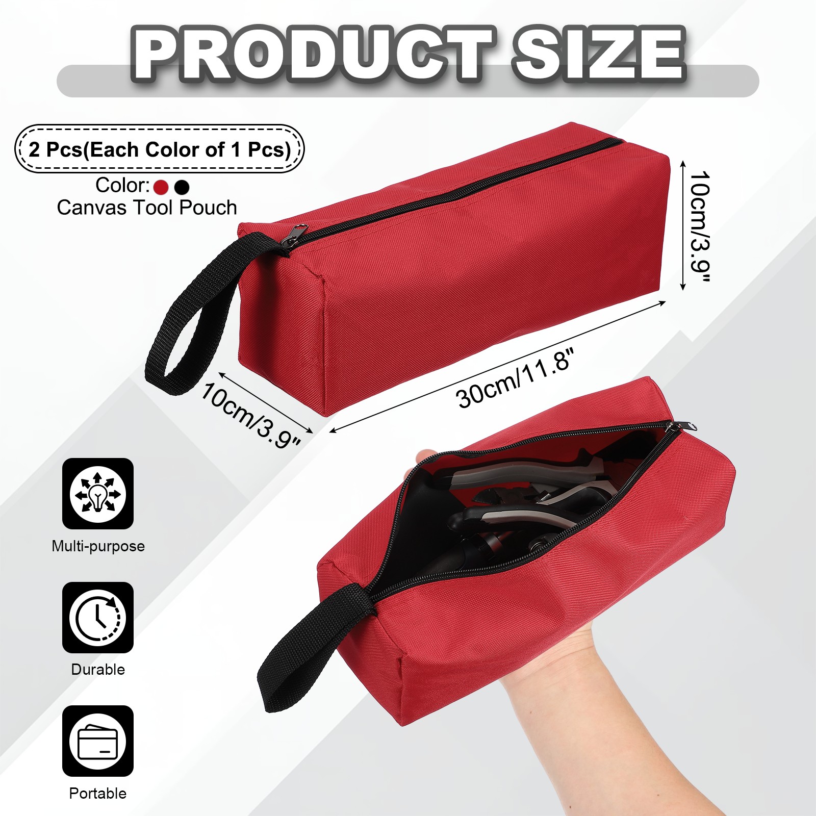 2 Pcs 11.8×3.9×3.9″ Multi Purpose Zipper Canvas Tool Pouch, Black/Red