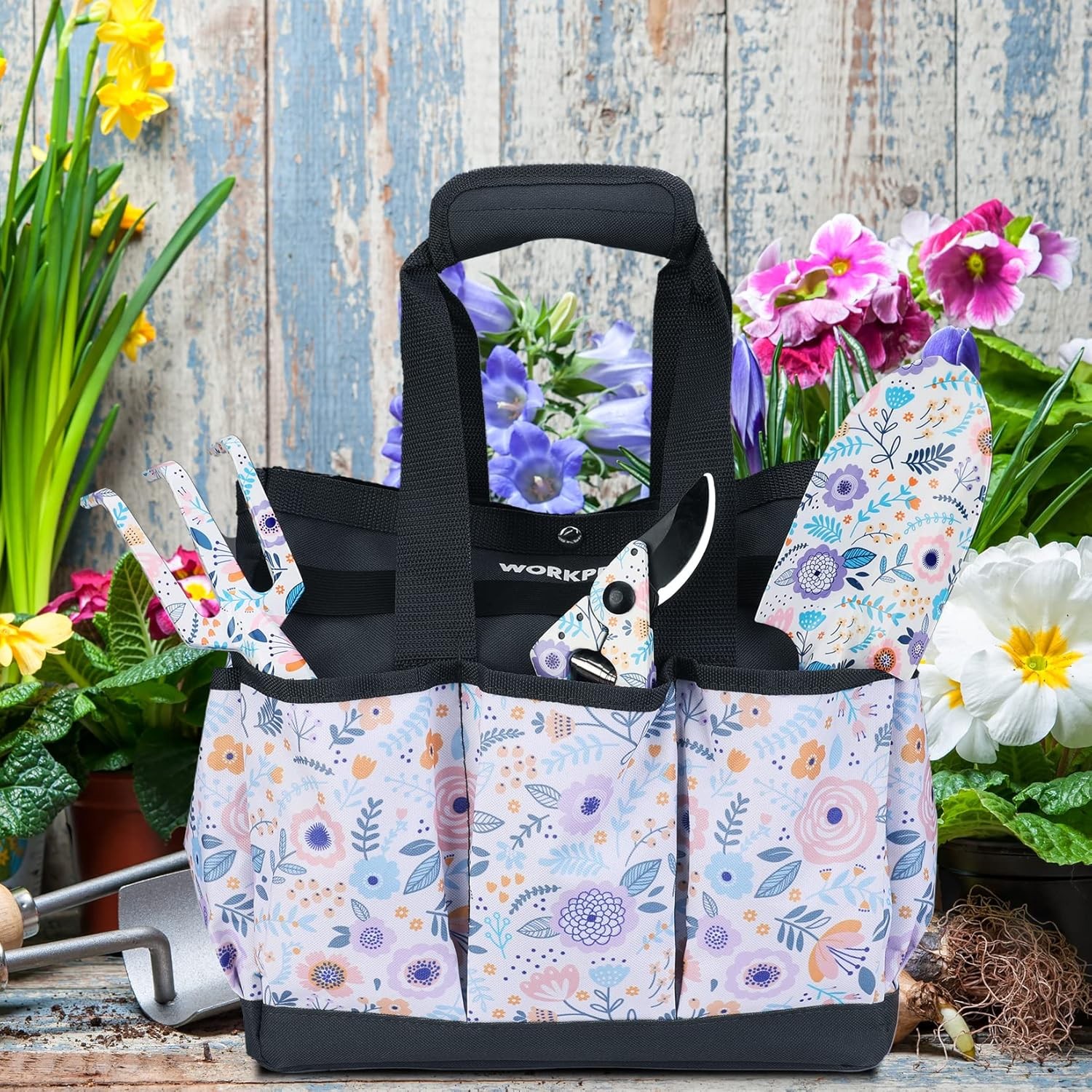 WORKPRO 9 Pockets Garden Tool Bag Heavy Duty Oxford Garden Tote Caddy 12x12x6″