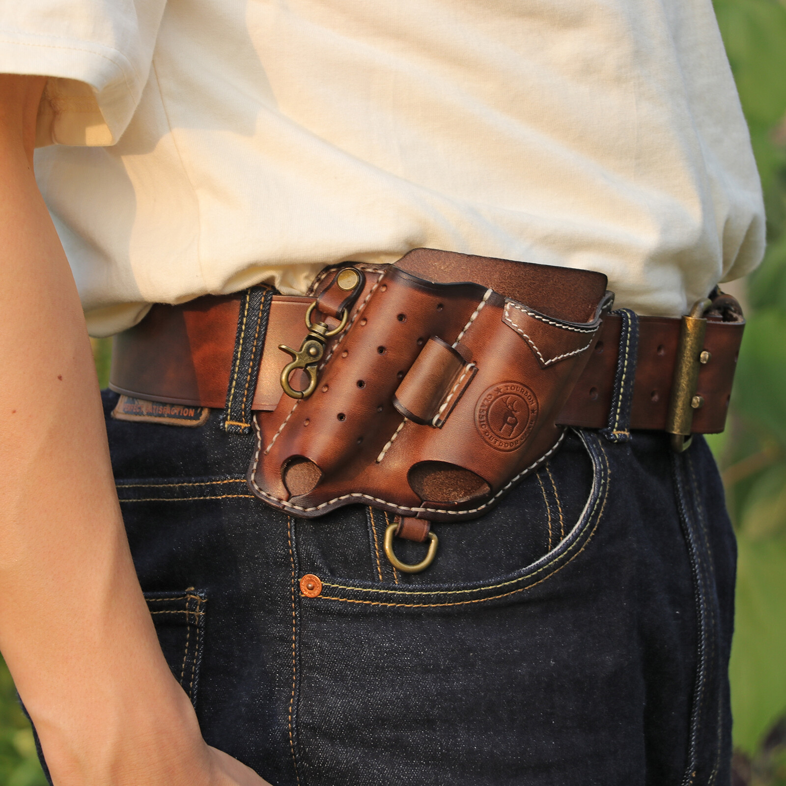 TOURBON Leather EDC Multitool Pouch Flashlight Holder Knife Belt Holster Camping