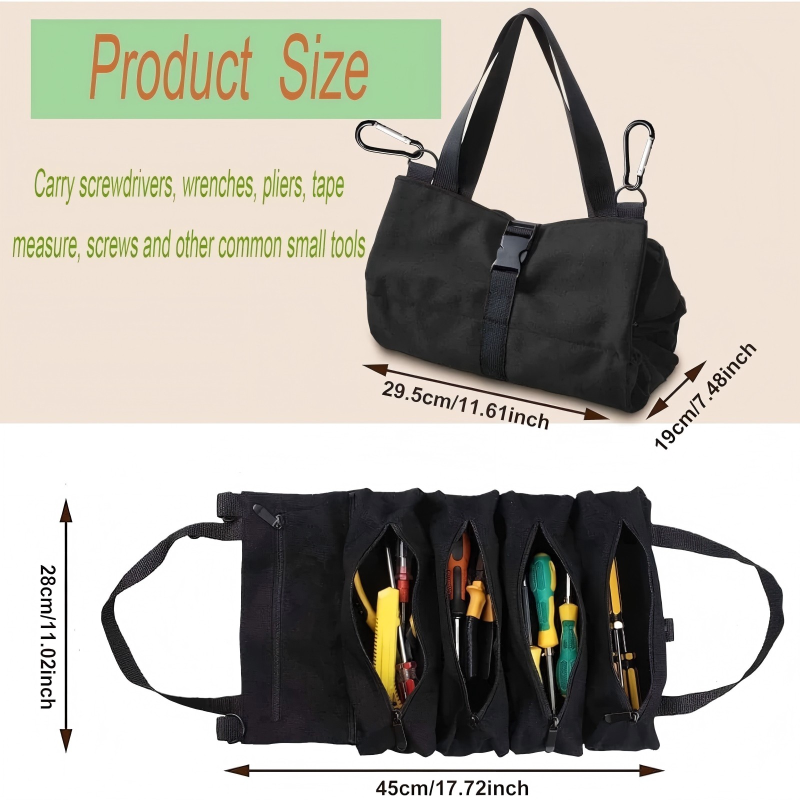 Multi-Purpose Tool Roll Up Bag 5 Pocket Wrench Pouch Canvas Hanging Organizer US