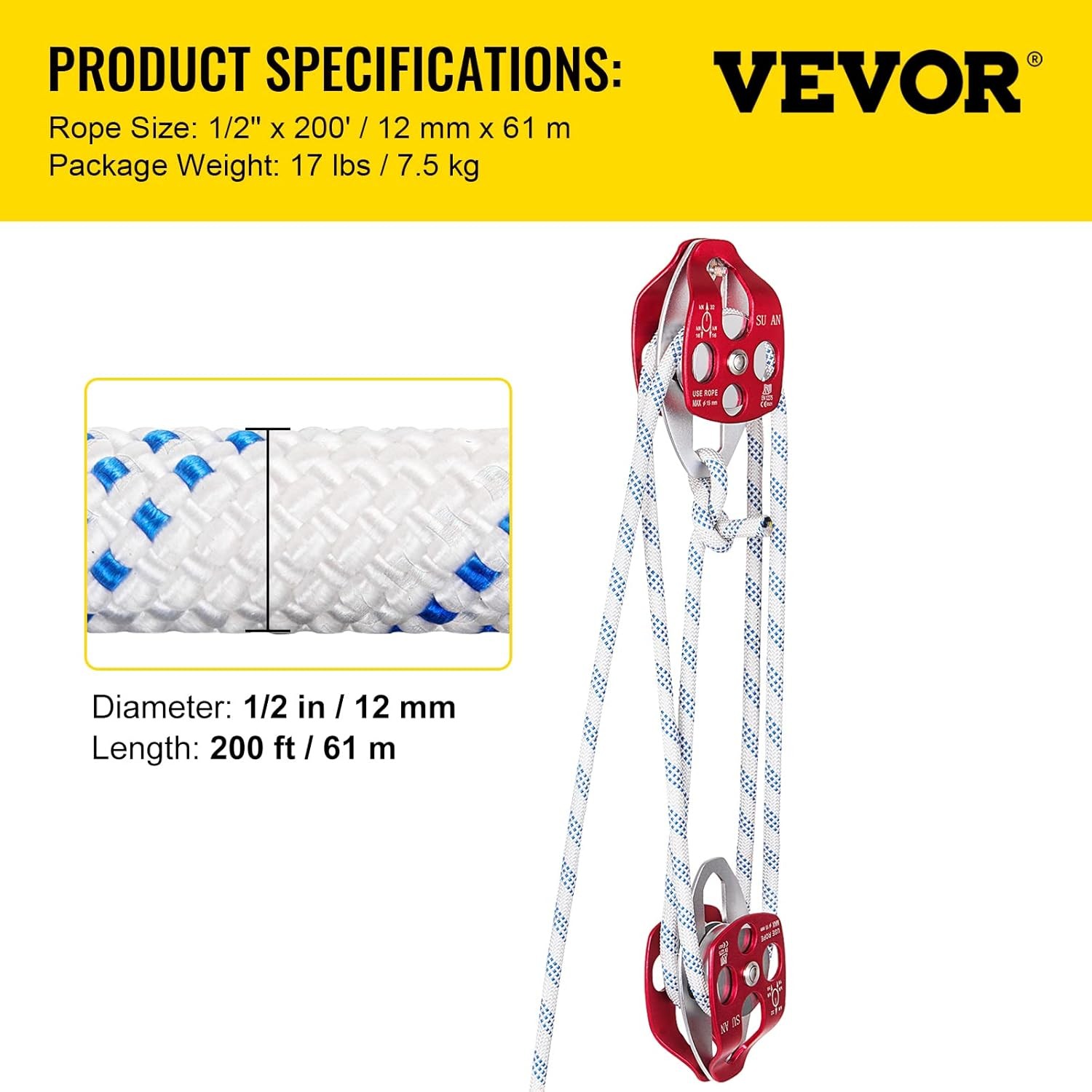 1/2″ X 200Ft Twin Sheave Block with Braid Rope 30-35KN 6600-7705LBS Double Pulle