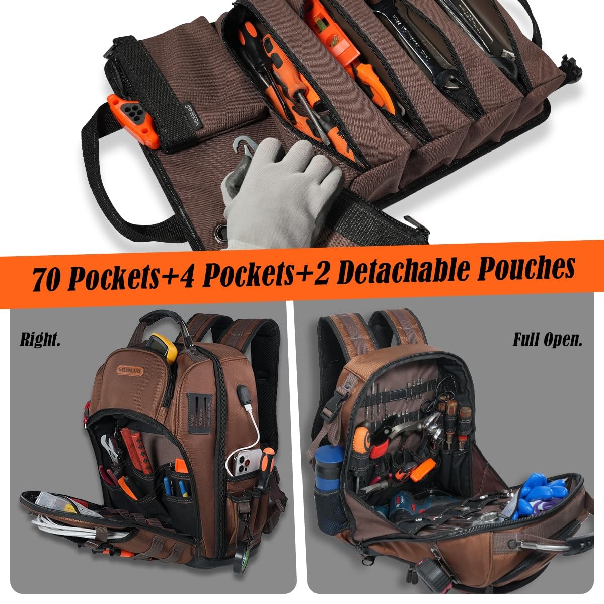 WELKINLAND 70Pockets HVAC Tool Backpack With Medium to Large, Brown & Black