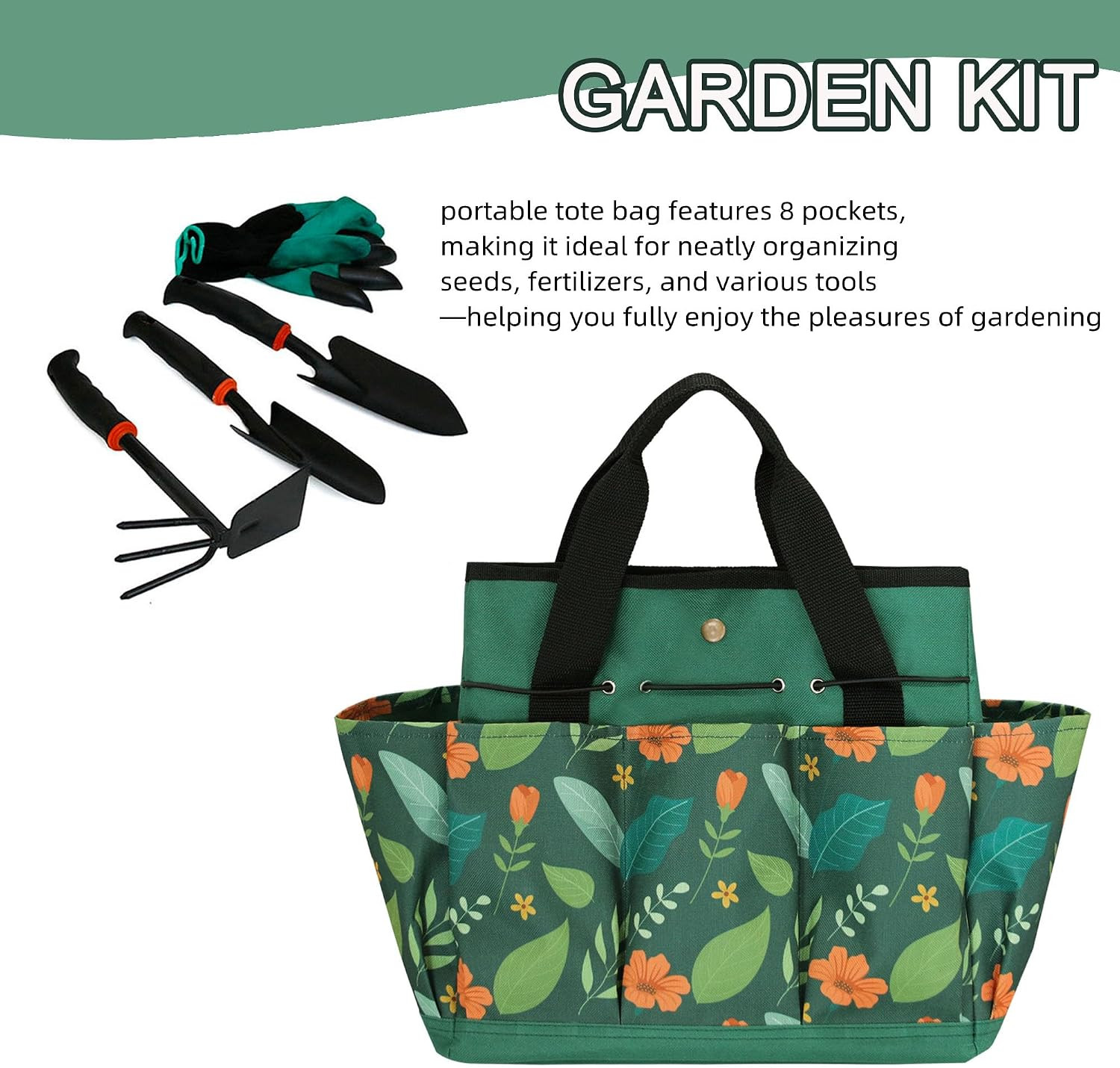 Waterproof Garden Tool Bag, 600D Oxford Portable Gardening Tote with Handle & Mu