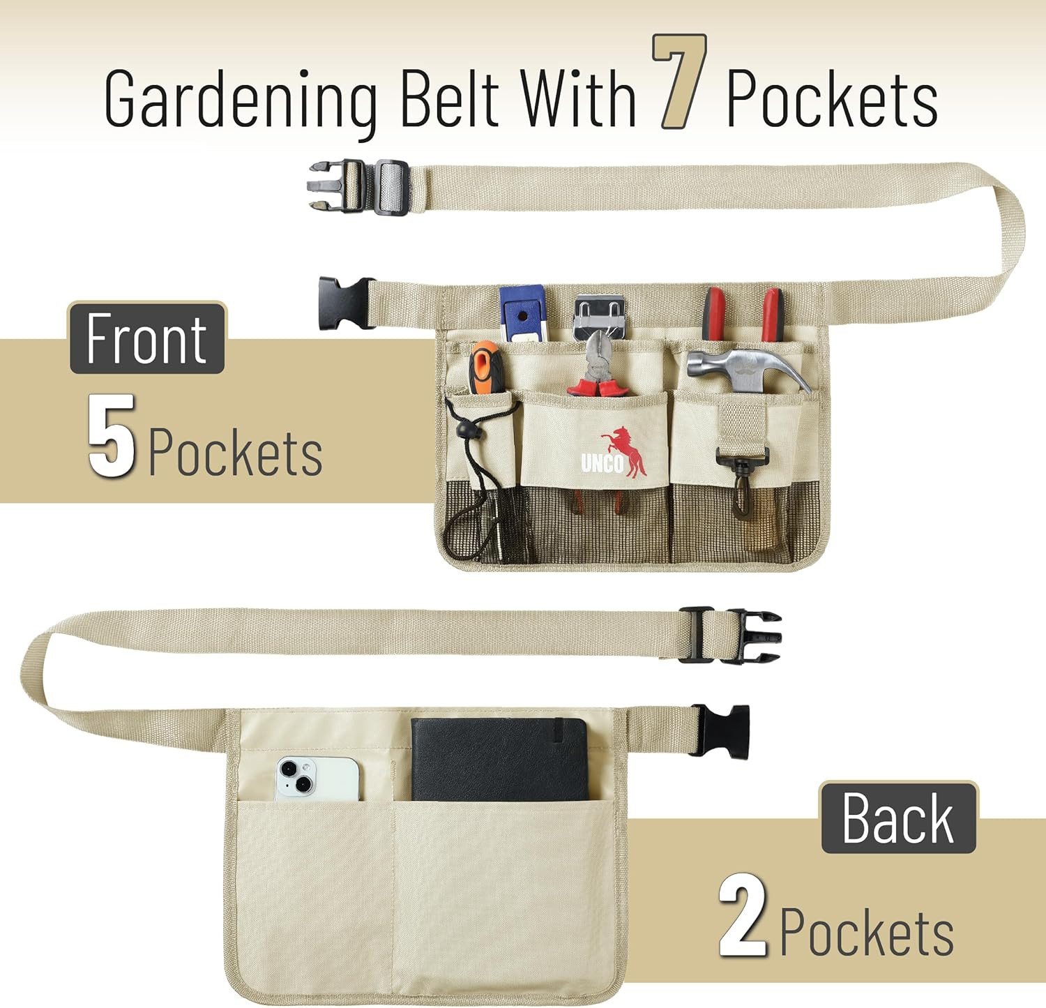 – Adjustable Gardening Belt, Beige, 7 Pockets, Wear, Cut and Water Resistant, Ga