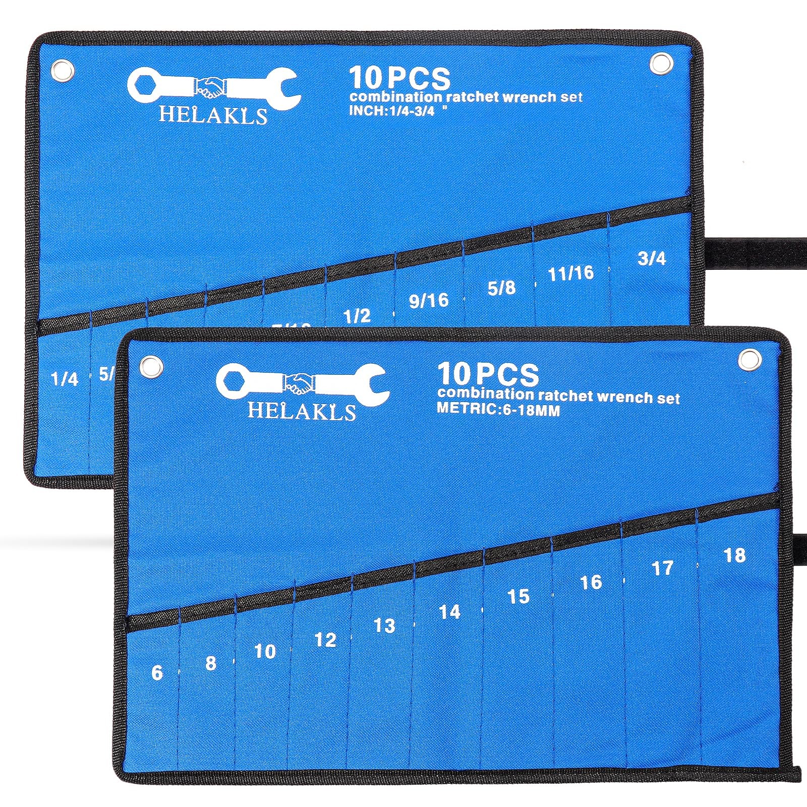 2 Pieces(10 Pockets SAE+ 10 Pockets Metric) Wrench Tool Roll Up Pouch Utility
