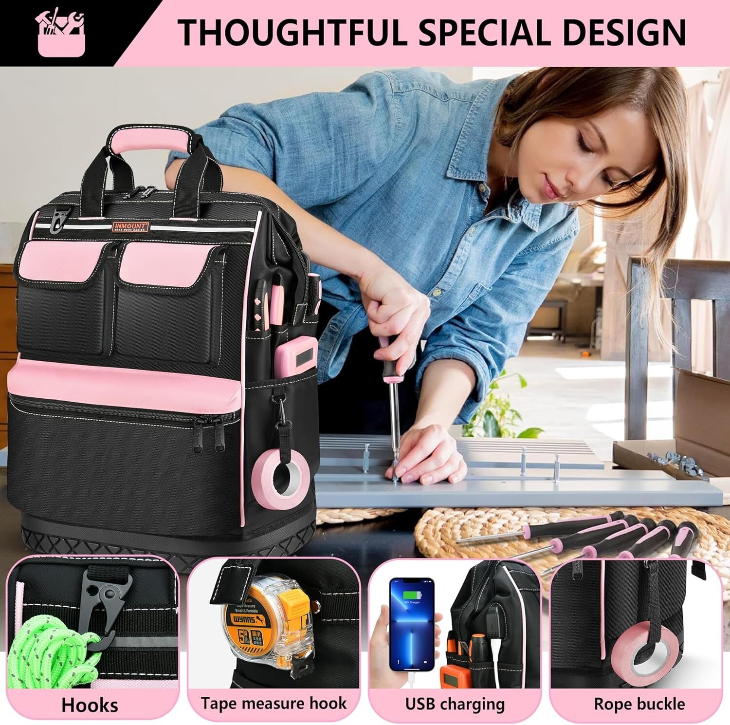 LOKASS Pink Tool Bag for Women, Wide-open Tool Backpack with Double-opening M…