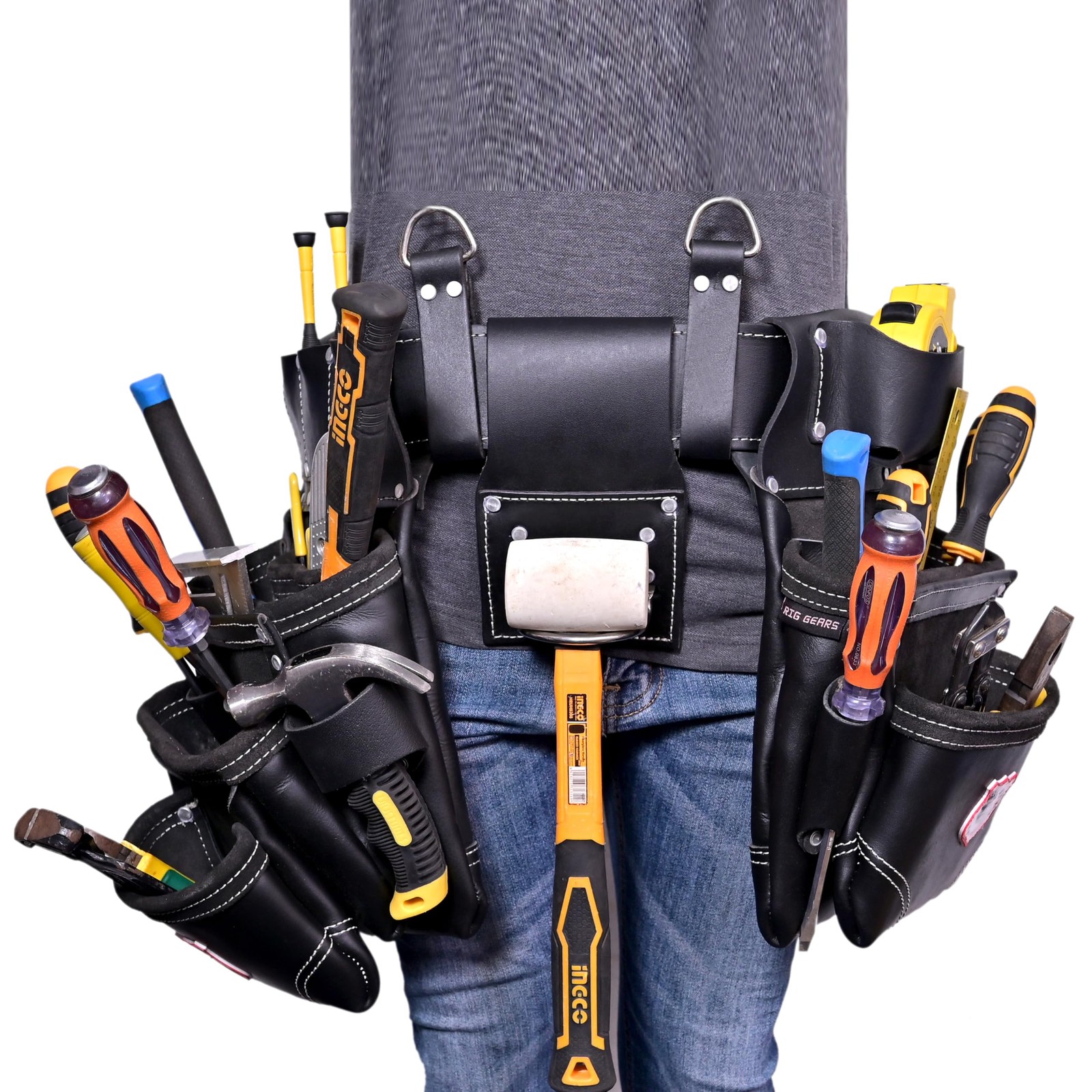 Leather Tool Belt with Detachable D-Loop, Padded Suspenders for Tradesmen
