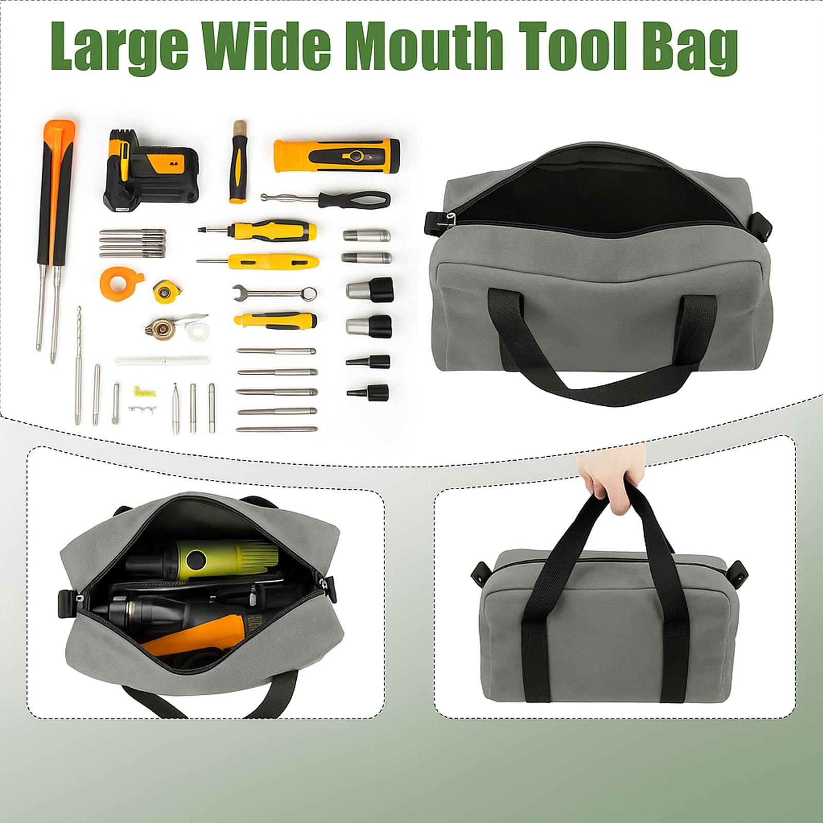 Canvas Tool Bag Wide Mouth Organizer Storage Handbag 12 Inch Gray