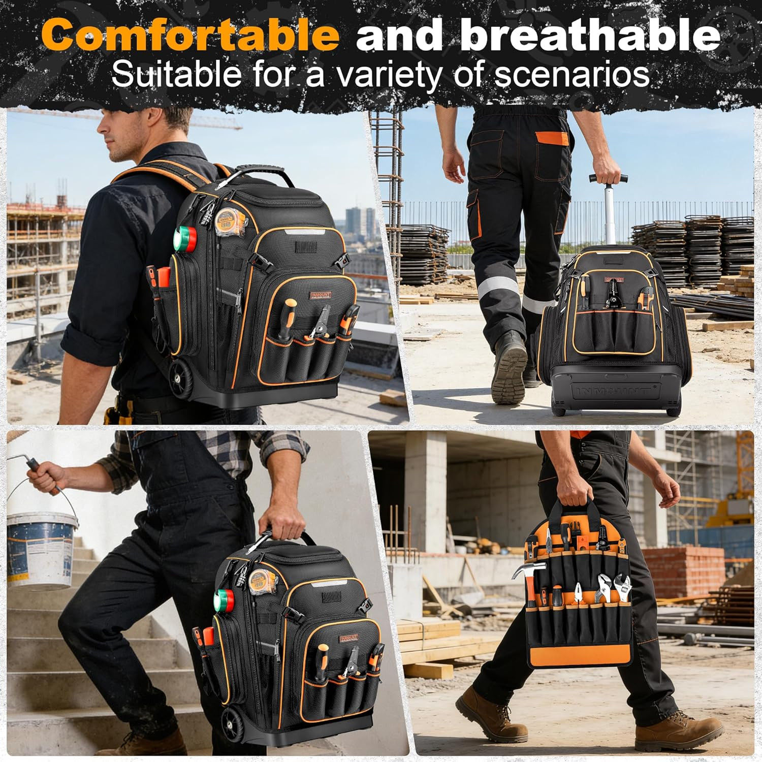 Heavy Duty Rolling Tool Backpack with Wheels & USB Port for Pros
