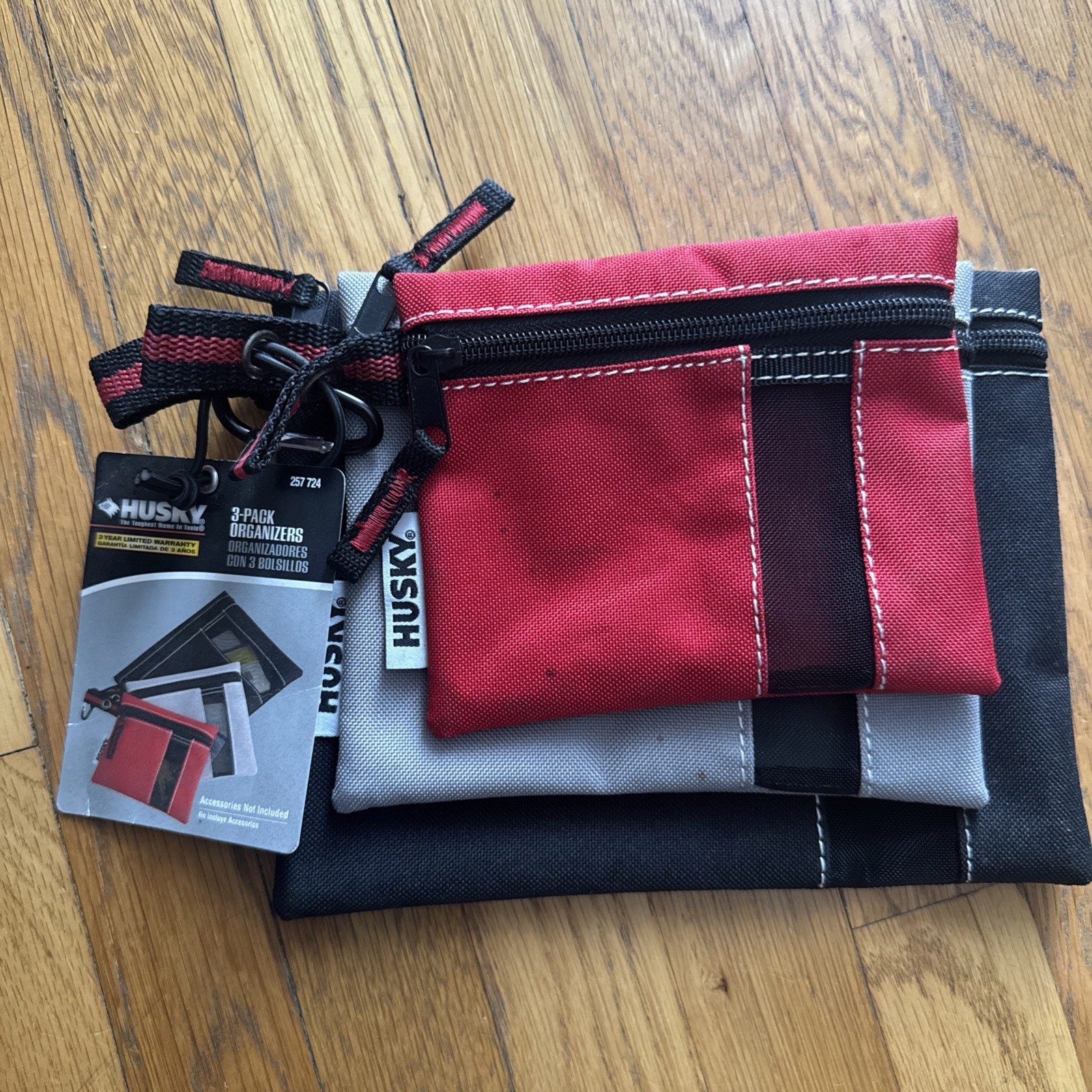 HUSKY Storage Pouch bag set of 3 See-thru Mesh Flap Heavy Zipper Black Grey Red