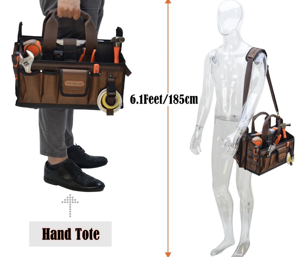 WELKINLAND 20-Pockets Tool Tote Bag, 16″ Electrician Black/Brown