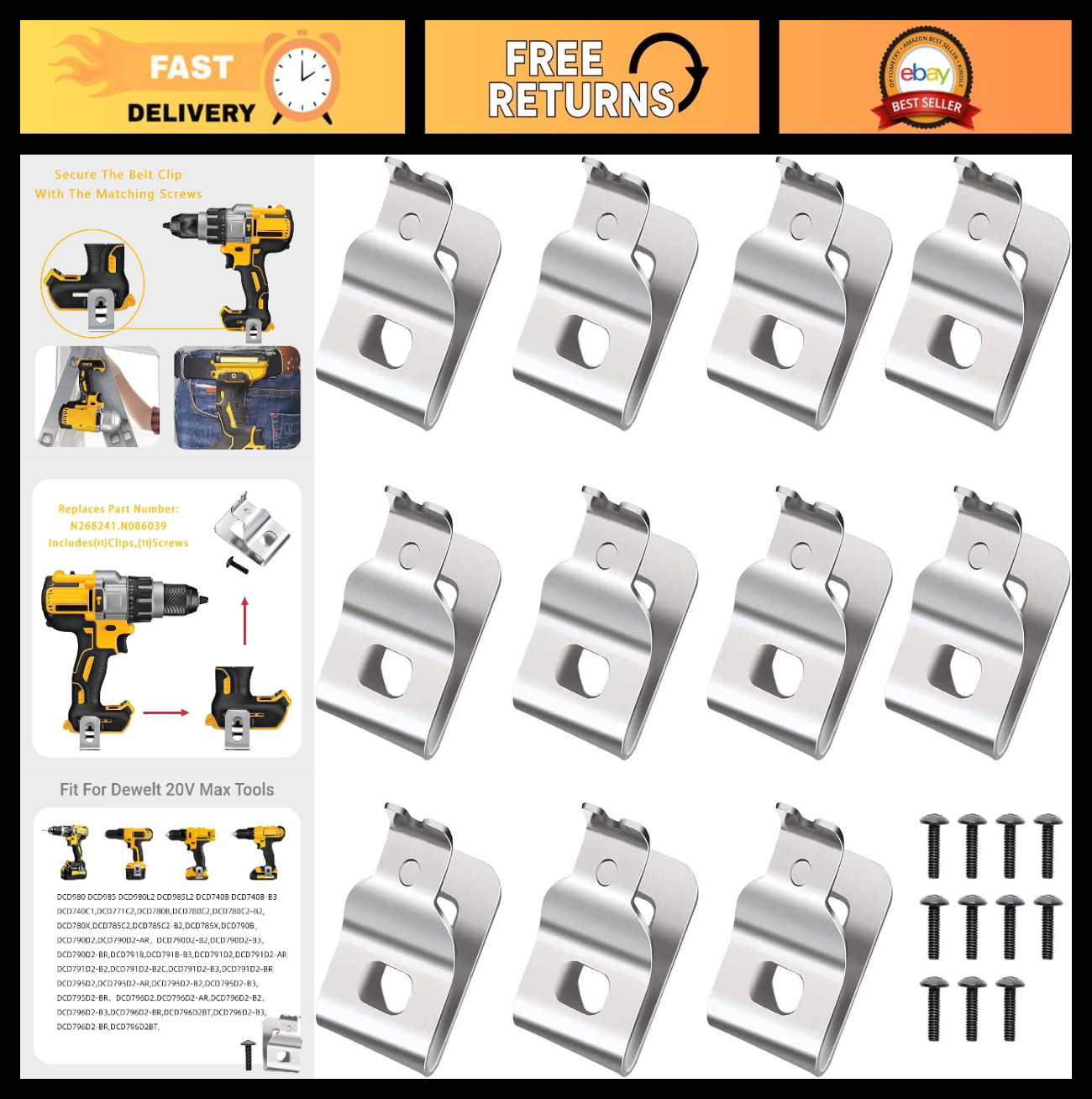 11pcs Stainless Steel Belt Clips for Power Tools, Compatible with 20V Drill Mode
