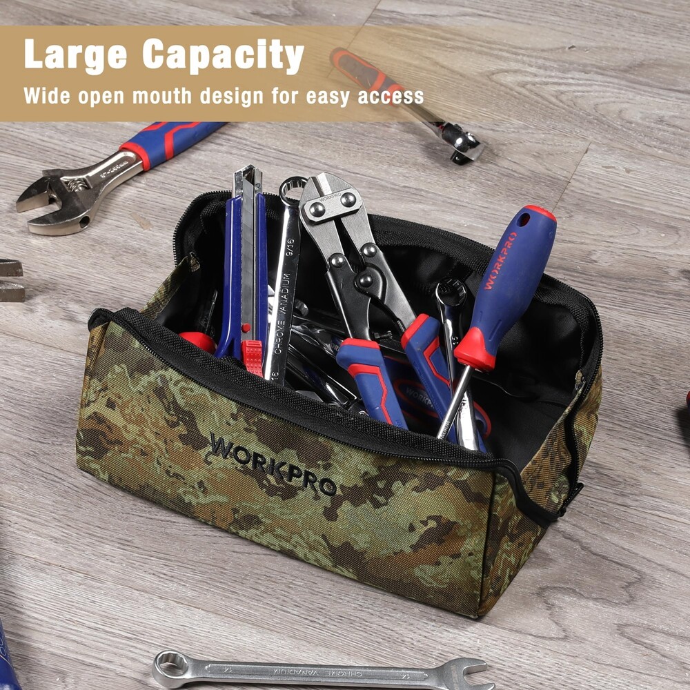 WORKPRO 3PC Heavy Duty Tool Bag 10″ Wide Mouth Tool Storage Bag Zipper Pouch Bag