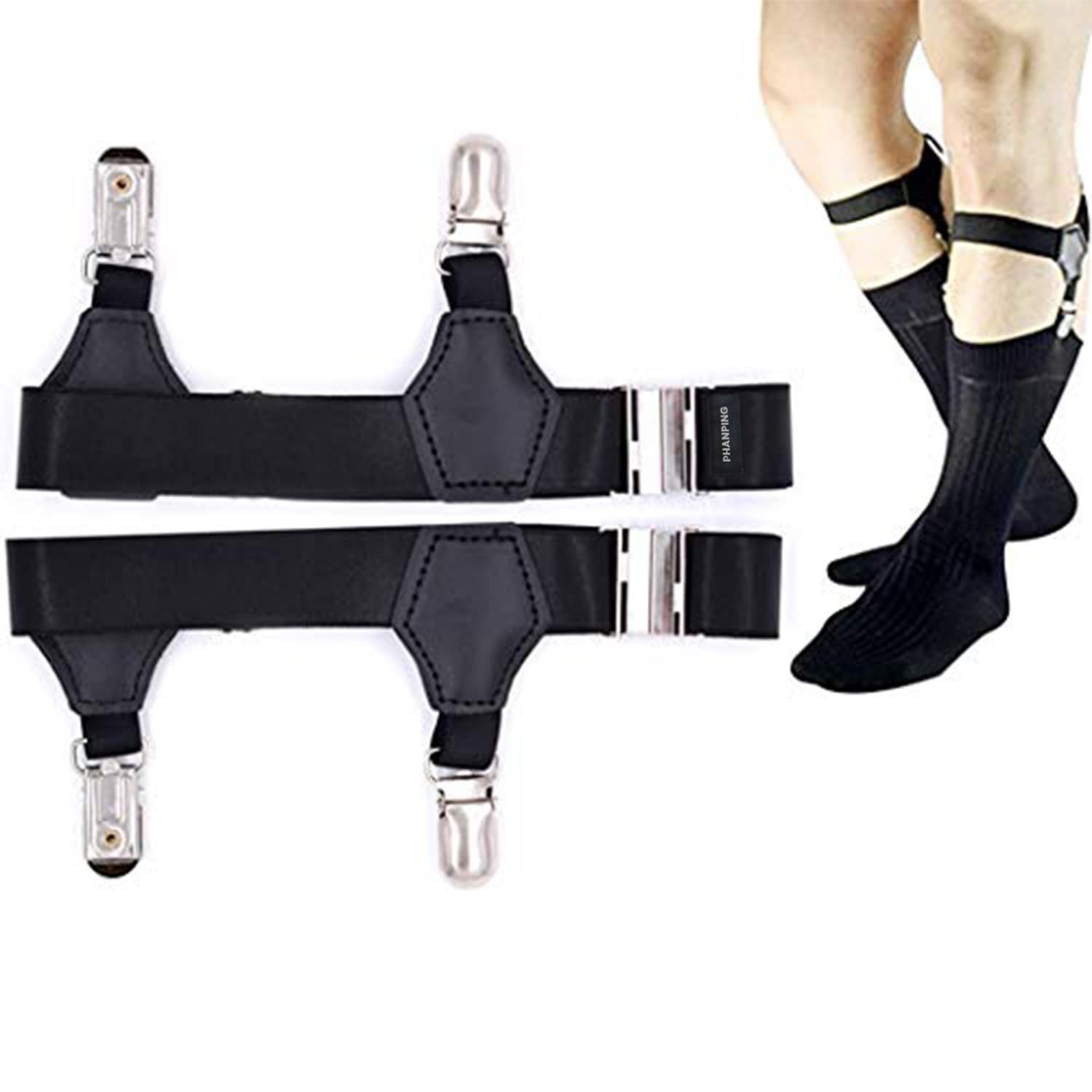 Mens Sock Garters Belt Adjustable 2-pack Sturdy Clip One pair, Black Pair