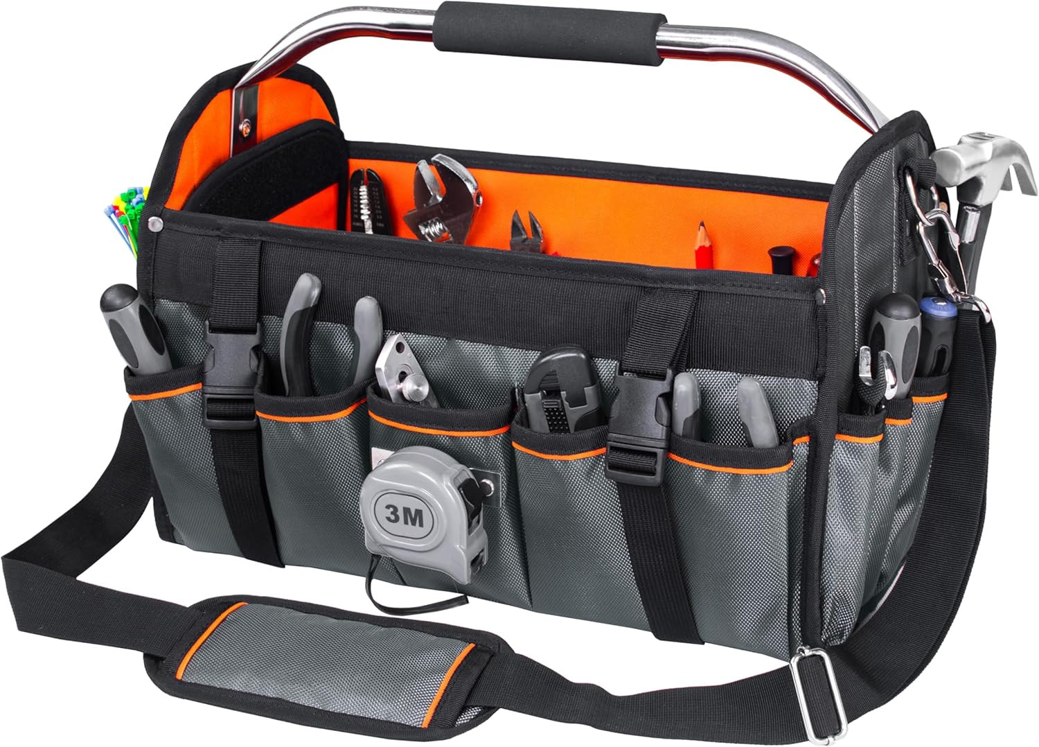 16 Inch Open Top Tool Bag, Thick 1680D Fabric, Foldable 29 Pockets Tool Tote Bag