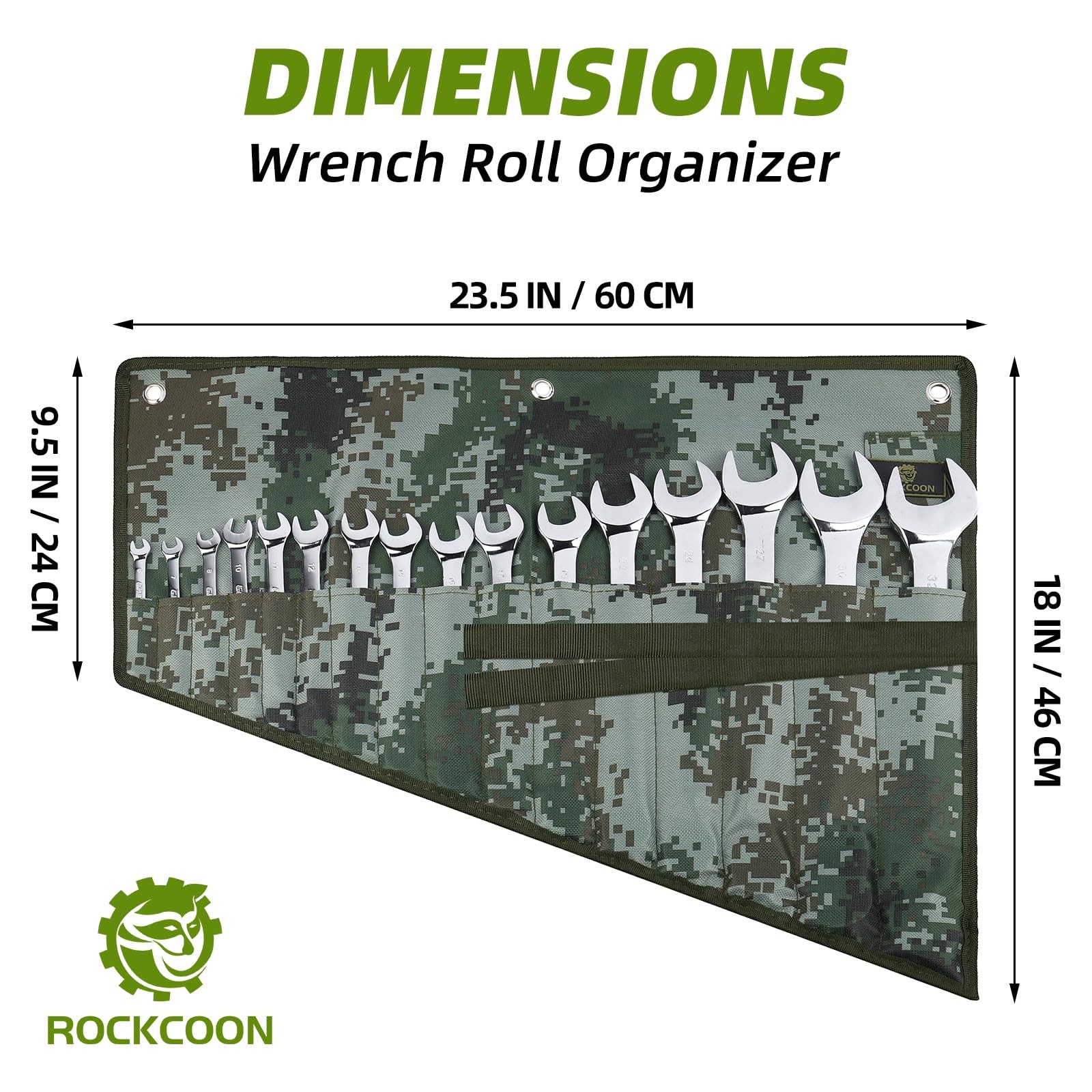 ROCKCOON 16 Pocket Wrench Roll Organizer, Rolled 19 inches, Dark Camouflage