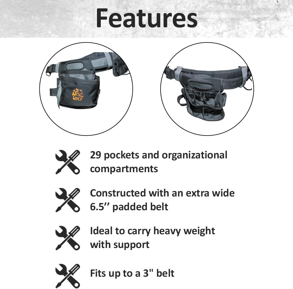 WOLF WTB300 Heavy-Duty Tool Belt with Pouch for Contractors & Electricians